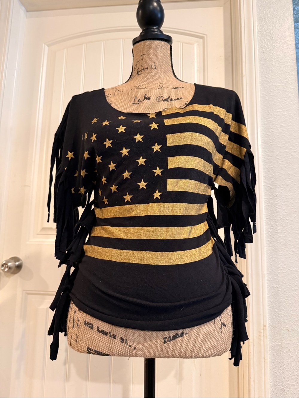 Fringed American Flag Top - Black & Gold